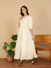 YEZWE Cotton Modest Maxi Dress cream floral printed tiered long sleeve ankle length dress